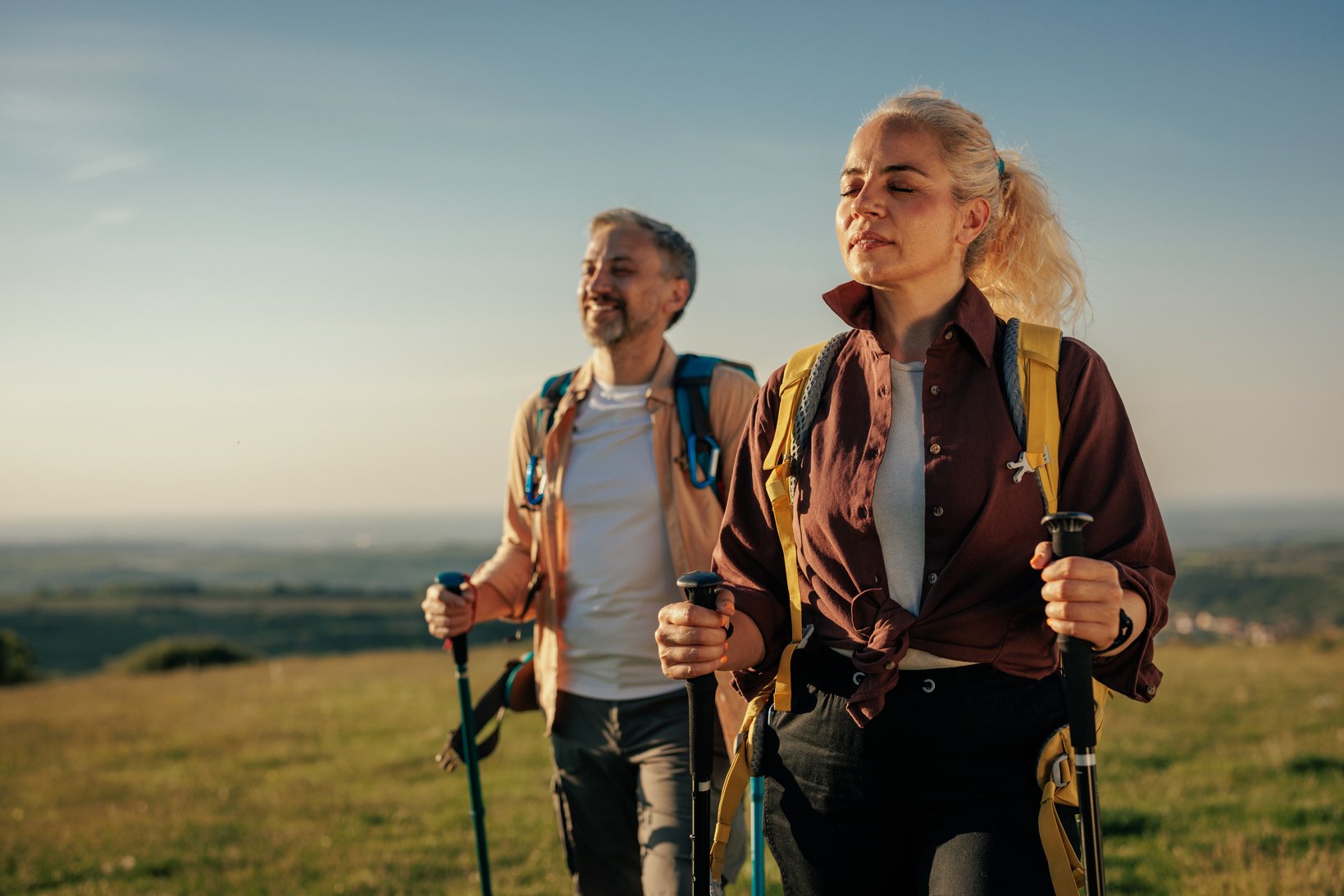 Active middle aged couple hiking